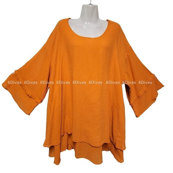 Dunes Relaxed Fashion Tops - 𝅺DUNES Vibrant Orange Cotton Oversized Long Sleeve Blouse- Size S, Size M